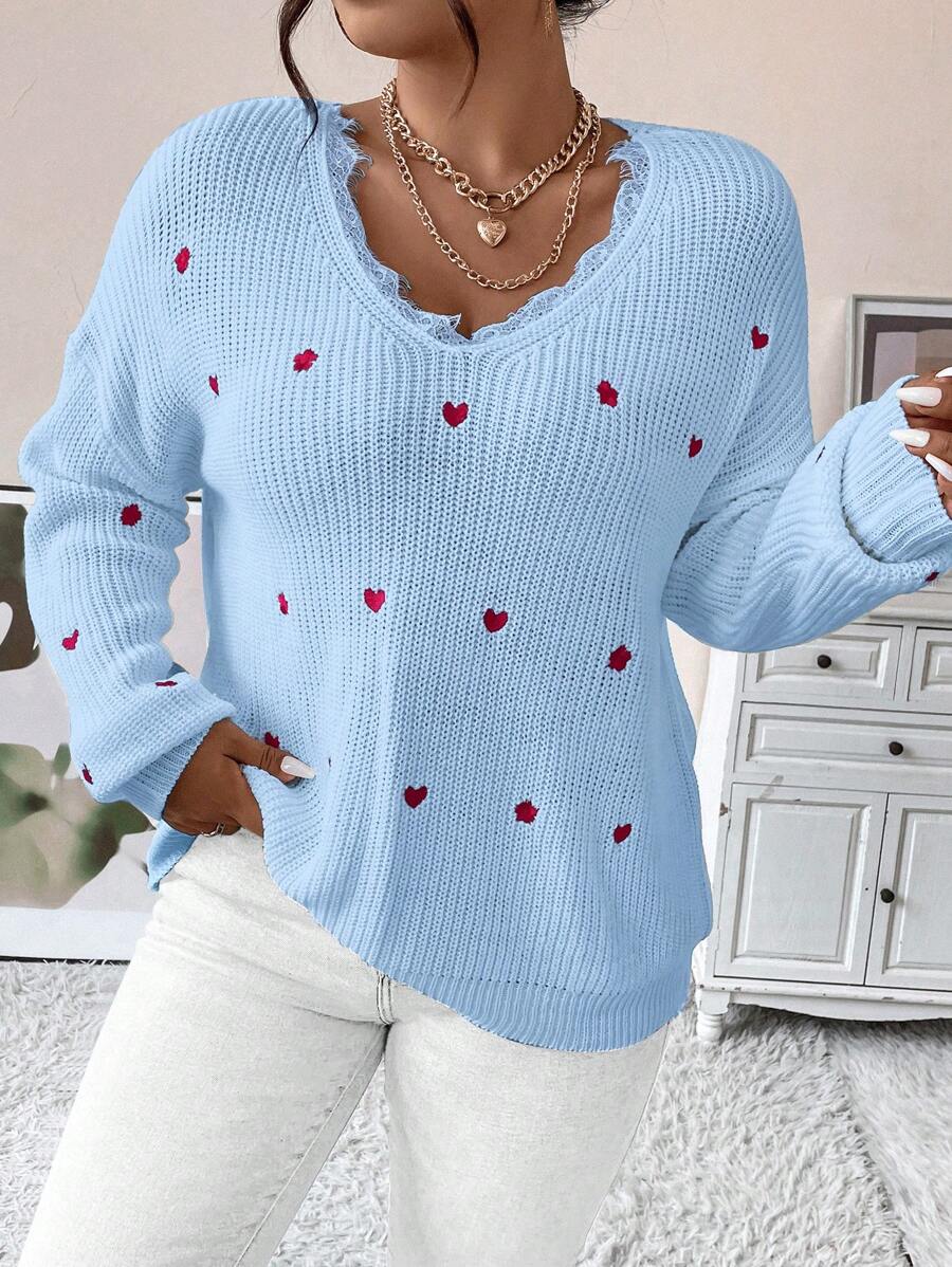 Calvaya Plus Heart Embroidery Eyelash Lace Trim Drop Shoulder Sweater - Mint Blue - View 1