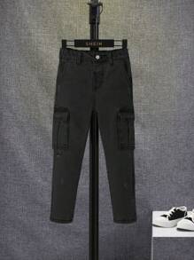 SHEIN Ung pojke Flap ficka Elastisk midja Distressed Casual Denim Jeans - Svart - Visa 3