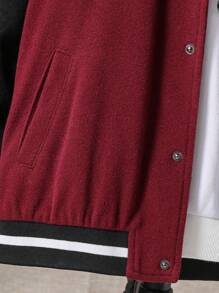 SHEIN Tween Boy Letter Patched Striped Trim Drop Shoulder Varsity Jacket Without Hoodie - Burgundy - View 3