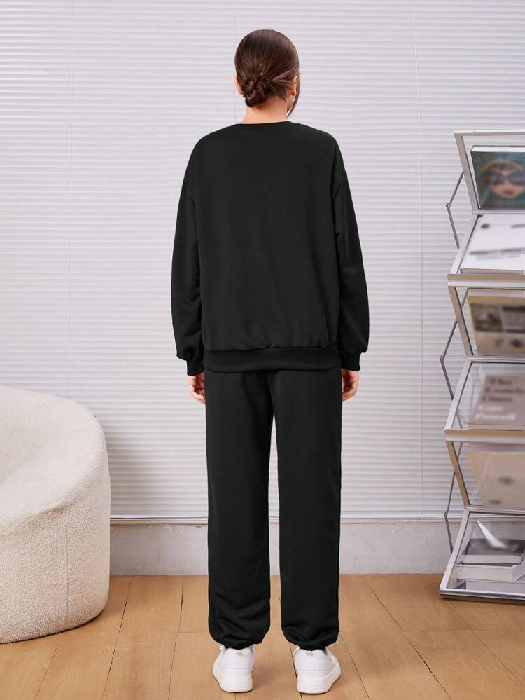 Teen Girl Letter Graphic Drop Shoulder Pullover & Sweatpants