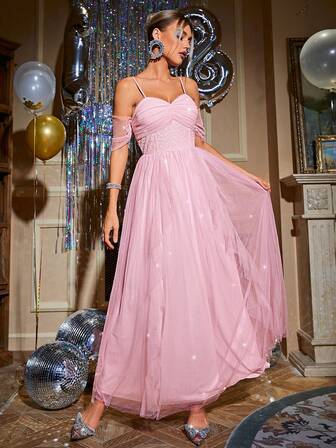 Glamaker Cold Shoulder Mesh Overlay Formal Dress