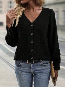 SHEIN LUNE Swiss Dot Button Front Bishop Sleeve Blouse - Black - View 4