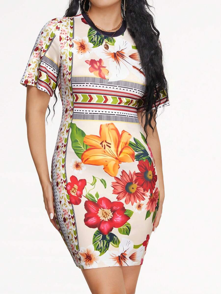 SHEIN Unity Floral Print Bodycon Dress - Champagne - View 1