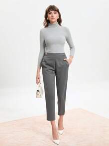 SHEIN BIZwear Button Detail Slant Pocket Cropped Suit Pants - Grey - View 6