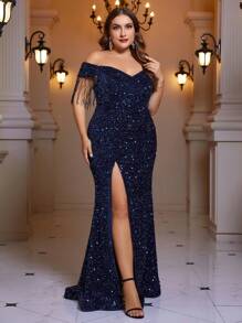 SHEIN Belle Plus Off Shoulder Fringe Trim Split Thigh Sequin Formal Dress - Navy Blue - View 7