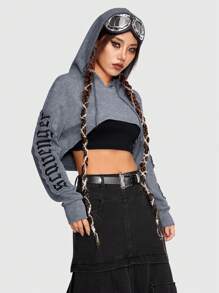 ROMWE Goth 字母圖案落肩袖抽繩連帽衫 - 灰色 - 查看 4