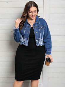 SHEIN LUNE Plus Fringe Trim Flap Pocket Denim Jacket - Medium Wash - View 5