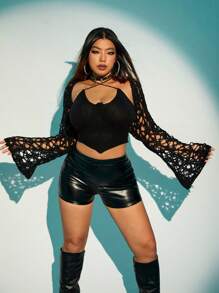 SHEIN ICON Plus Halloween Hollow Out Trumpet Sleeve Crop Cardigan With Bandana Hem Knit Top