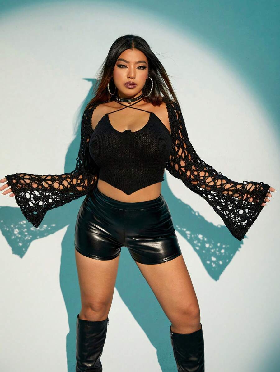 SHEIN ICON Plus Halloween Hollow Out Trumpet Sleeve Crop Cardigan With Bandana Hem Knit Top