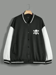 SHEIN EZwear 加萬聖節骷髏印花條紋飾邊落肩兩色夾克 - 黑色 - 查看 1