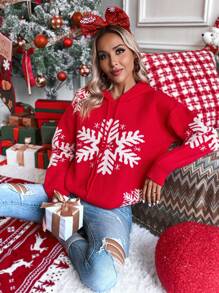 SHEIN LUNE 雪花圖案落肩袖抽繩連帽套頭毛衣 - 紅色 - 查看 6