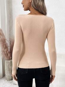 SHEIN Clasi 正面扭紋羅紋針織毛衣 - 杏色 - 查看 2