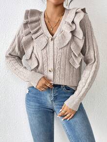 SHEIN Privé 荷葉邊麻花編織開襟衫 - 卡其色 - 查看 4