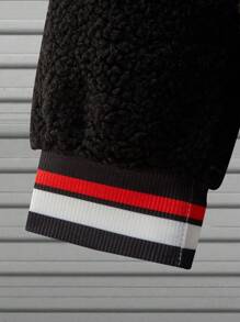 Aesthetic Post--Men Letter Embroidery Striped Trim Teddy Bomber Jacket Without Hoodie - Black - View 3