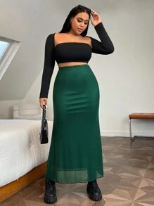 SHEIN EZwear Plus High Waist Mermaid Hem Mesh Skirt - Dark Green - View 1