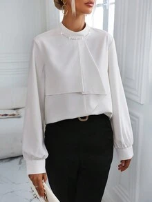 SHEIN Clasi Solid Mock Neck Ruffle Trim Blouse - White - View 6