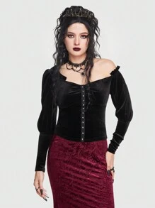 ROMWE Goth Camiseta de hombros descubiertos con corchete de terciopelo - Negro - Ver 5