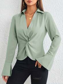 SHEIN Privé Blusa girante delantero de manga con volante - Verde - Ver 5