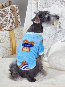 PETSIN 1 件法兰绒蓝色小熊印花宠物套头衫，冬季款 - 彩色 - 查看 2