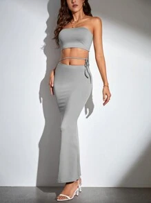 SHEIN Tall Solid Tube Top & Tie Side Skirt - Grey - View 3
