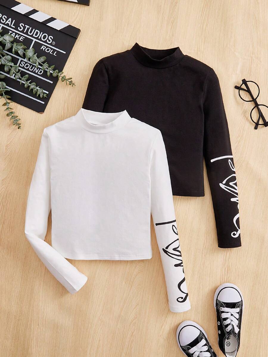 2pcs Tween Girl Letter Graphic Mock Neck Tee - Black and White - View 1