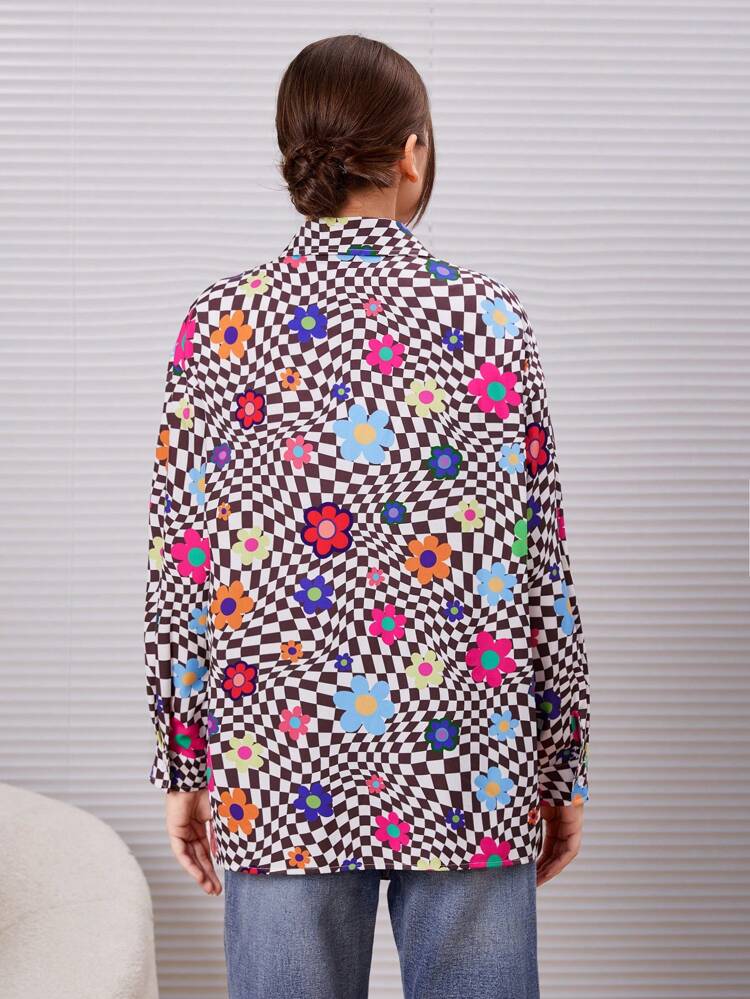Teen Girl Checker & Floral Print Drop Shoulder Shirt