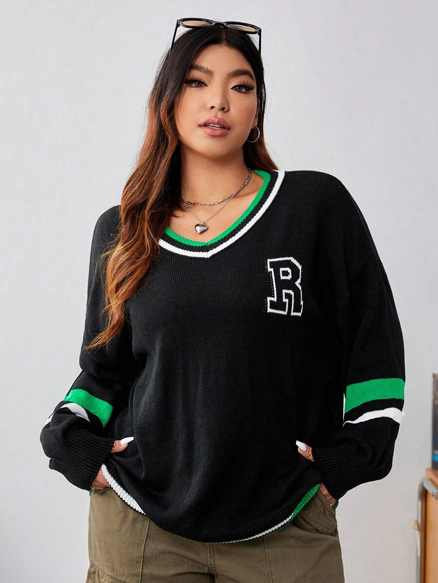 SHEIN EZwear 大碼字母圖案條紋飾邊落肩袖套頭毛衣 - 彩色 - 查看 1