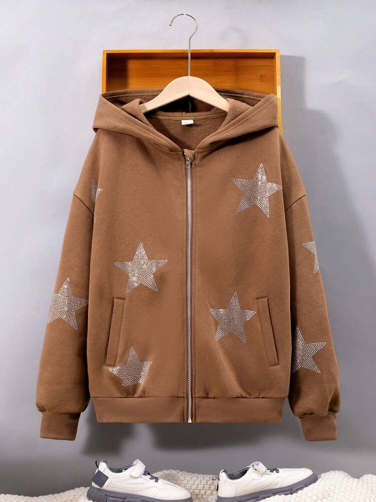 Teen Girl Star Print Drop Shoulder Zip Up Sweatshirt