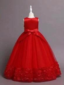Tween Girl Embroidery Mesh Overlay Bow Front Tie Back Gown Dress for Christmas - Red - View 2