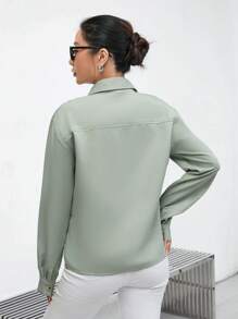 GENKIRA Flap Pocket Buckle Detail Button Front Shirt Fall Cloth For Women - Mint Green - View 2