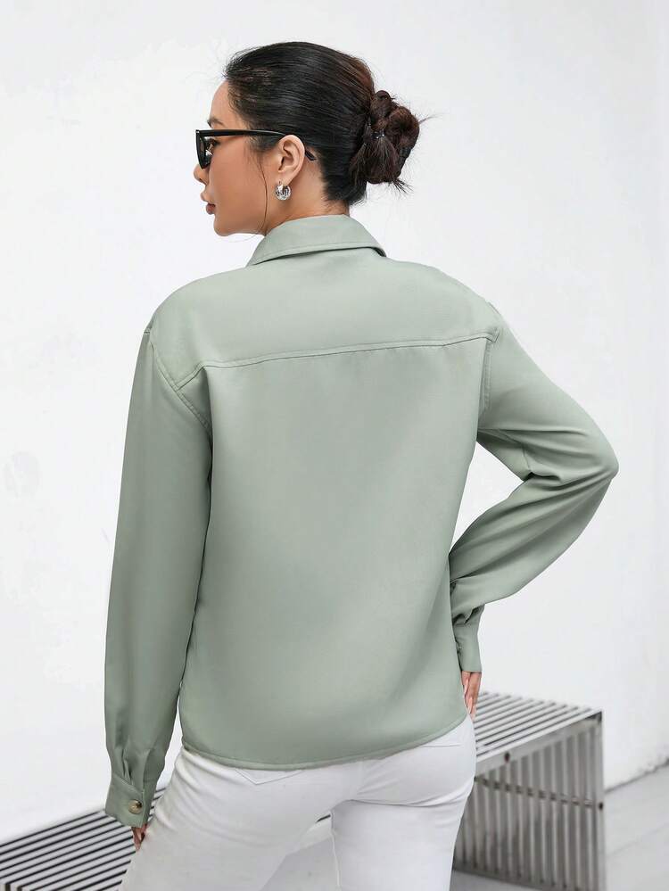 Flap Pocket Buckle Detail Button Front Shirt Fall Cloth For Women