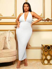 SHEIN SXY 大碼深V領後綁帶吊脖緊身洋裝 - 白色 - 查看 2