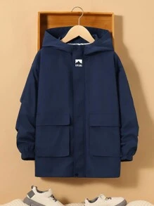 SHEIN 小男童字母圖案翻蓋口袋連帽外套 - 寶藍色 - 查看 1