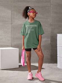 SHEIN Tween Girls Slogan Graphic Drop Shoulder Oversize Tee - Army Green - View 3