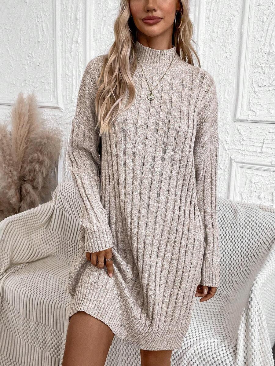 SHEIN LUNE Vestido de punto de cuello alto de hombros caídos tejido de canalé