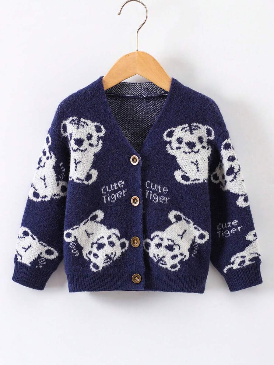 Young Boy Bear & Letter Pattern Cardigan - Navy Blue - View 1