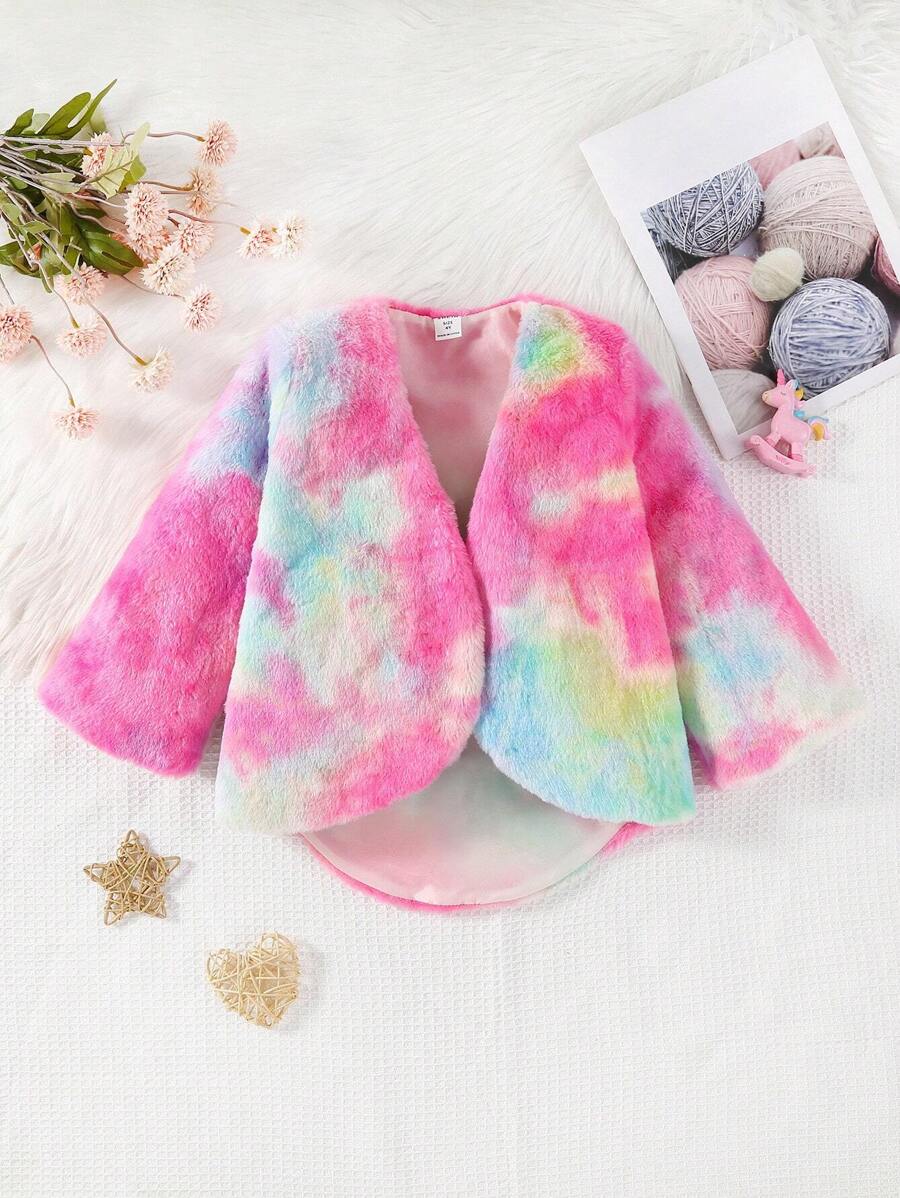 SHEIN Young Girl Tie Dye Open Front Teddy Coat - Multicolor - View 1