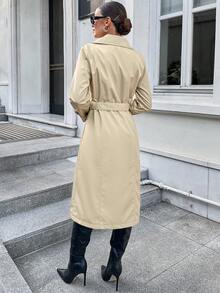 EURMUSE 女士纯色翻领长袖双排扣休闲风衣 - 米色 - 查看 2