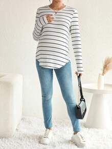 SHEIN Maternity Striped Print Curved Hem Tee - Black and White - View 3