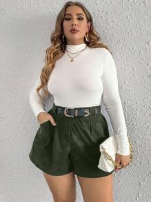 SHEIN Privé 大碼斜口袋燈芯絨短褲不附腰帶 - 軍綠色 - 查看 1