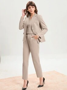 SHEIN BIZwear unicolor Blazer & con bolsillo oblicuo Pantalones - Caqui - Ver 5