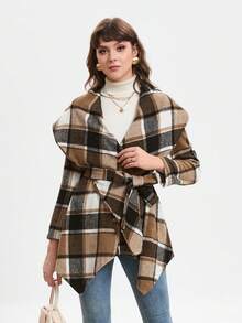 GENKIRA In kẻ sọc Cổ áo thác nước Thắt lưng Áo khoác - Nhiều màu - Xem 3