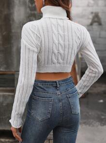 SHEIN Unity Turtleneck Button Detail Cable Knit Drop Shoulder Crop Knit Pullover Fall Winter Sweater - White - View 2