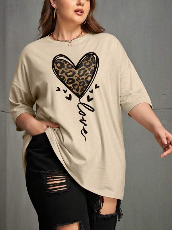 INAWLY Camiseta con gráfico de corazón y letra, hombros caídos, estampado de guepardo, para mujer, verano