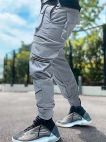 Manfinity EMRG 男士反光滾邊抽繩工裝褲子 - 灰色 - 查看 5