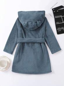 男小童3D耳朵設計連帽腰帶法蘭絨睡袍 - 藍色 - 查看 2