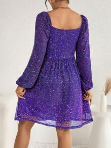 SHEIN 孕婦滿版印花雞心領口燈籠袖洋裝 - 紫色 - 查看 2