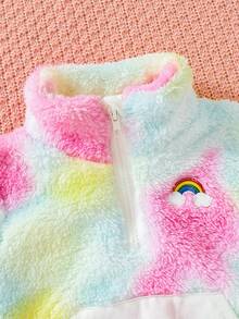 SHEIN 女孩嬰兒紮染櫻桃刺繡袋鼠口袋絨毛衛衣和褲子 - 彩色 - 查看 8