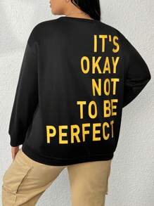 Flirla 大碼標語圖案落肩袖運動衫 - 黑色 - 查看 1