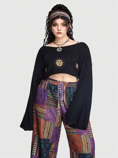 Hippie Plus Sun Pattern Drop Shoulder Crop Sweater